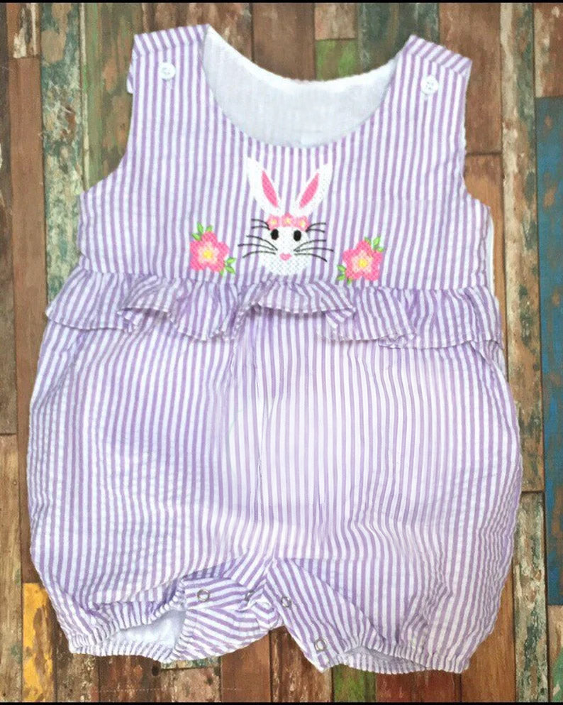 preorder SR3379 Easter bunny rabbit flowers purple striped sleevless girls romper