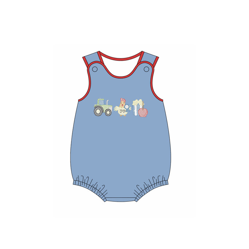 preorder SR3399 farm tractor egg chick blue sleeveless boys romper