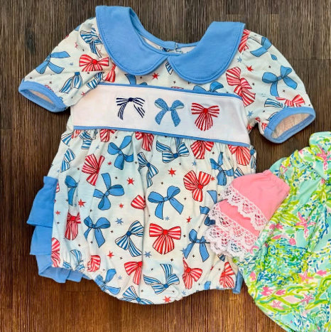 preorder SR3430 July 4th red blue bows short sleeve girls romper