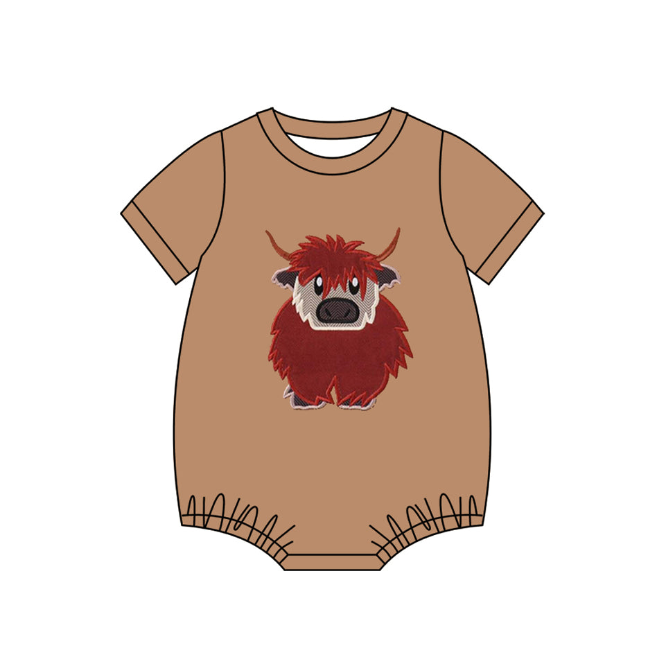 preorder SR3442 highland cow brown short sleeve boys romper