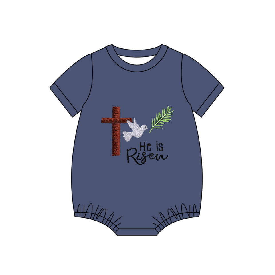 preorder SR3442 Easter he is risen cross navy blue short sleeve boys romper