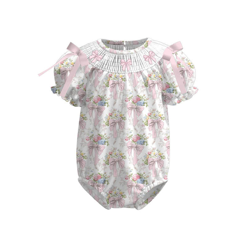 preorder SR3488 Pink Bows Flowers Short Sleeve Girls Romper