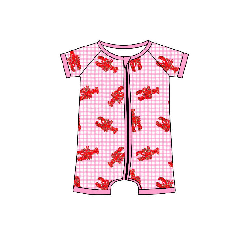 preorder SR3494 Red Crayfish Hot Pink Checkered Zipper Short Sleeve Girls Romper