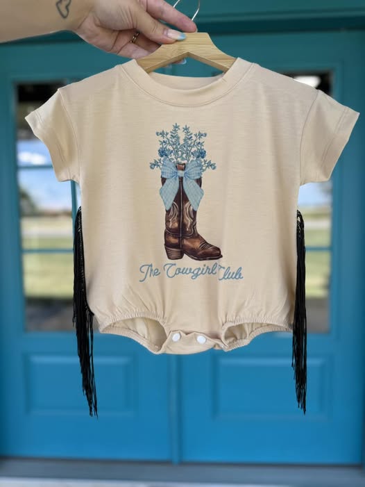 preorder SR3500 Western Boot Blue Bow Tassles SHort Sleeve Girls Romper