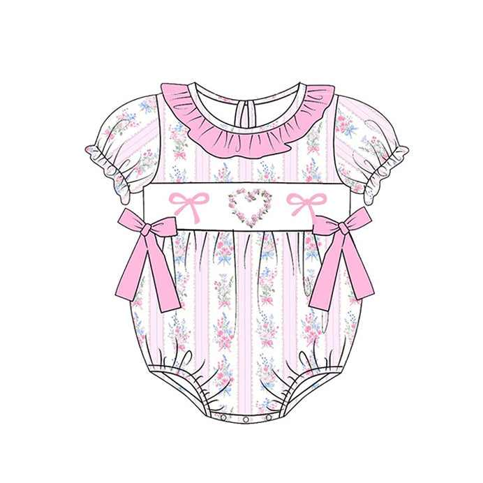 preorder SR3519 Valentine's Day Heart Flowers Bows Short Sleeve Girls Romper