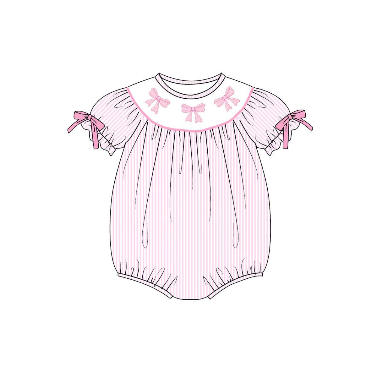 preorder SR3521 Valentine's Day Pink Bows Striped Short Sleeve Girls Romper
