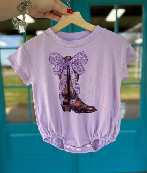 preorder SR3524 Western Boots Bows Purple Short Sleeve Girls Romper