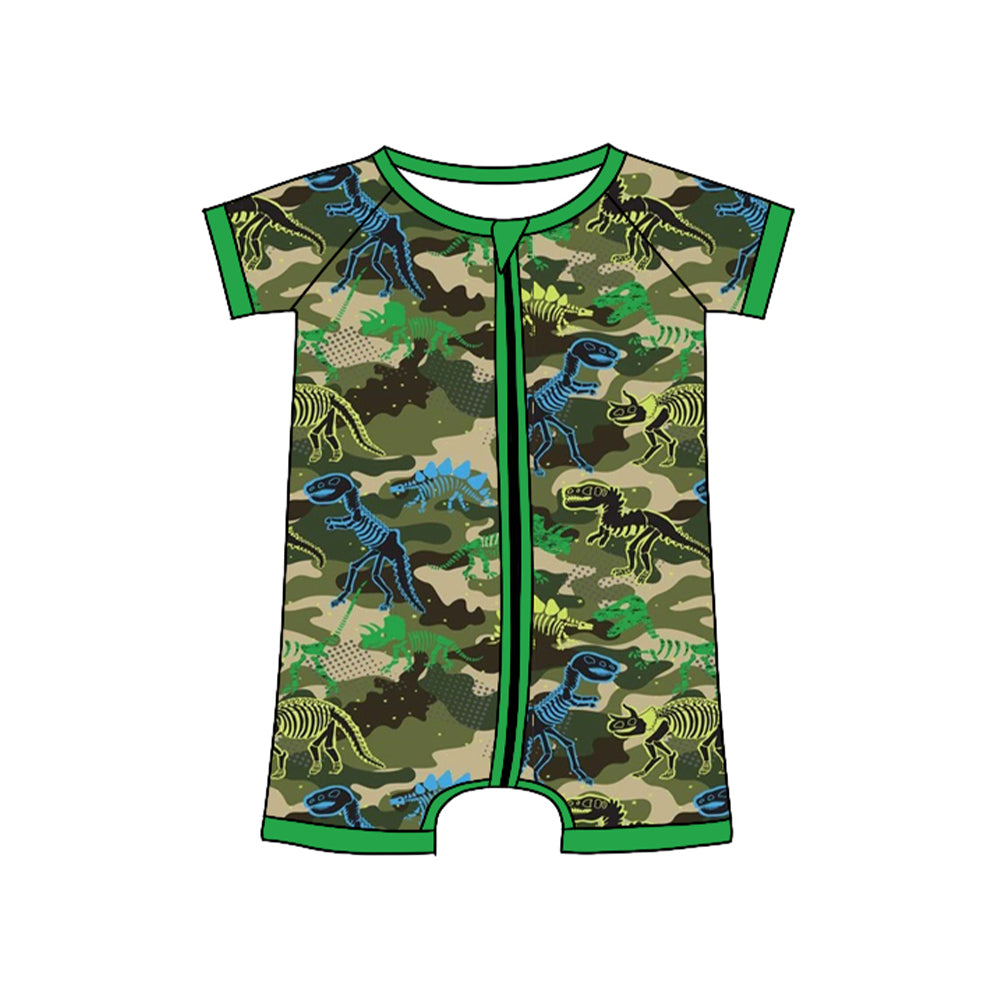 preorder SR3535 Dinosaur Camo Green Zipper Short Sleeve Boys Romper
