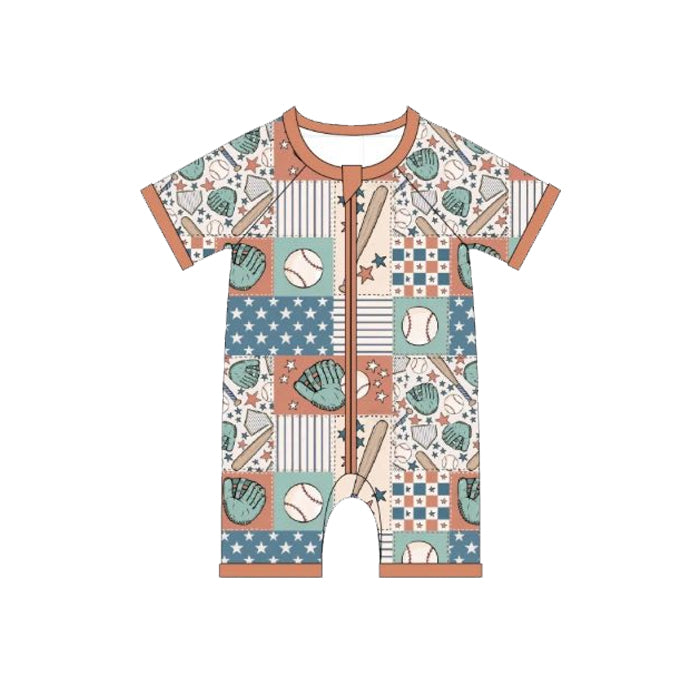 preorder SR3615 Baseball Star Zipper Short Sleeve Boys Romper