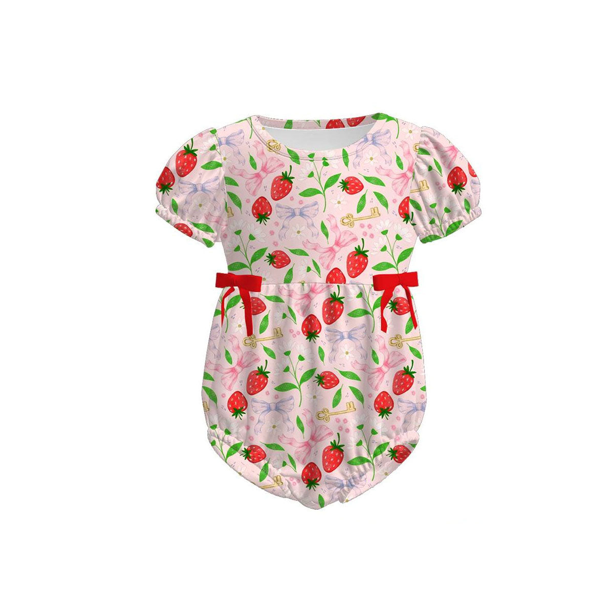 preorder SR3688 Strawberry Bows Pink Short Sleeve Girls Romper
