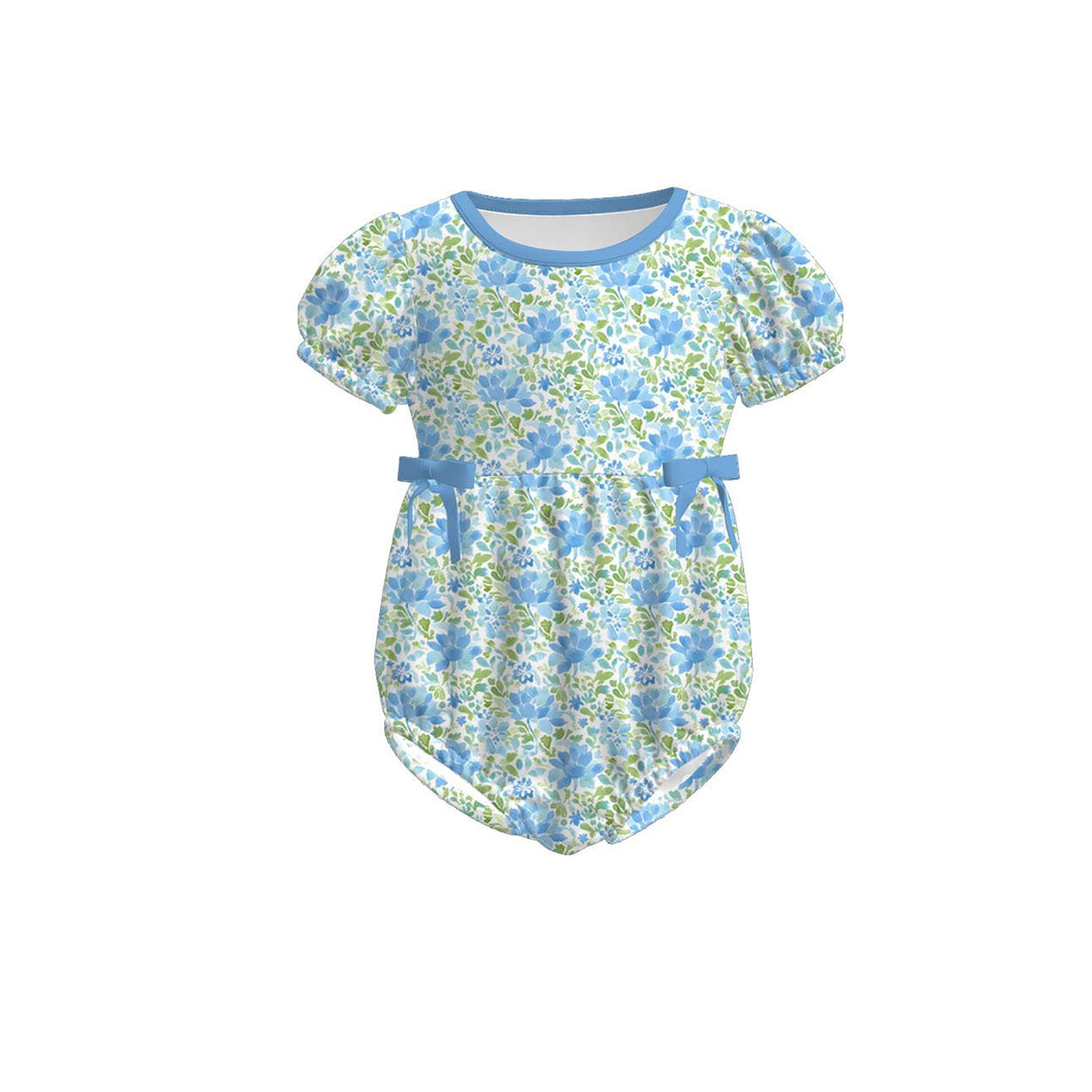 preorder SR3689 Flowers Floral Blue Short Sleeve Girls Romper