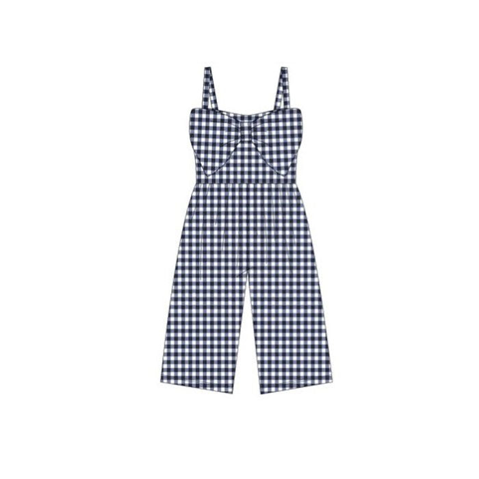 preorder SR3698 Navy Blue Checkered Bow Girls Jumpsuits