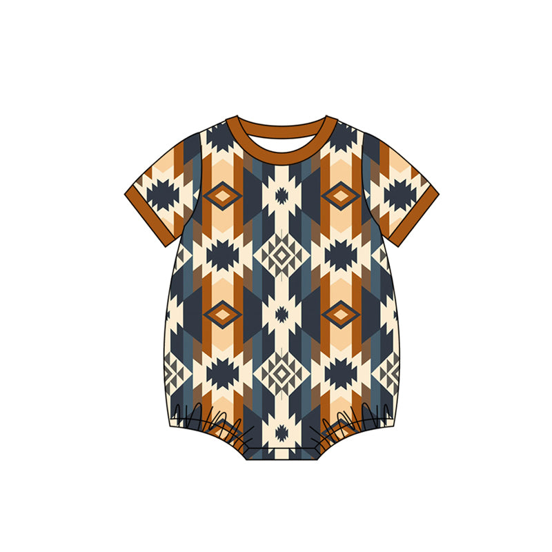 preorder SR3710 Western Aztec Brown Blue Short Sleeve Boys Romper