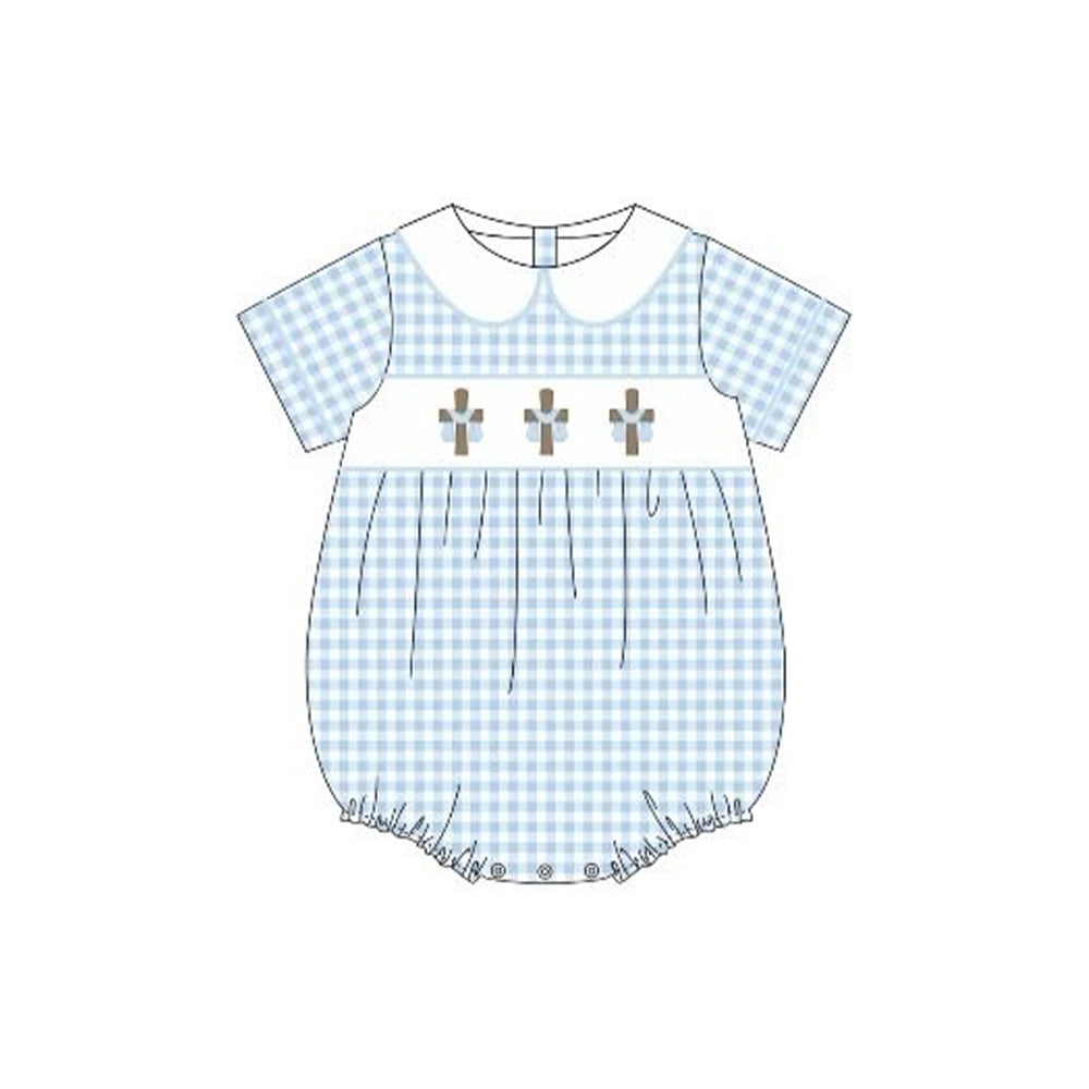 preorder SR3757 Easter Cross Blue Checkered Short Sleeve Boys Romper