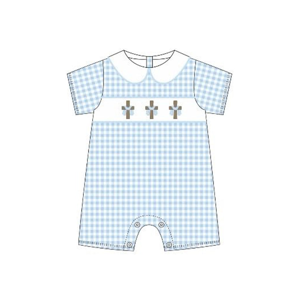 preorder SR3758 Easter Cross Blue Checkered Short Sleeve Boys Romper
