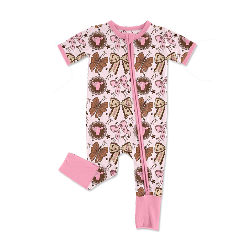 preorder SR3763 Cow Bows Pink Zipper Short Sleeve Girls Romper