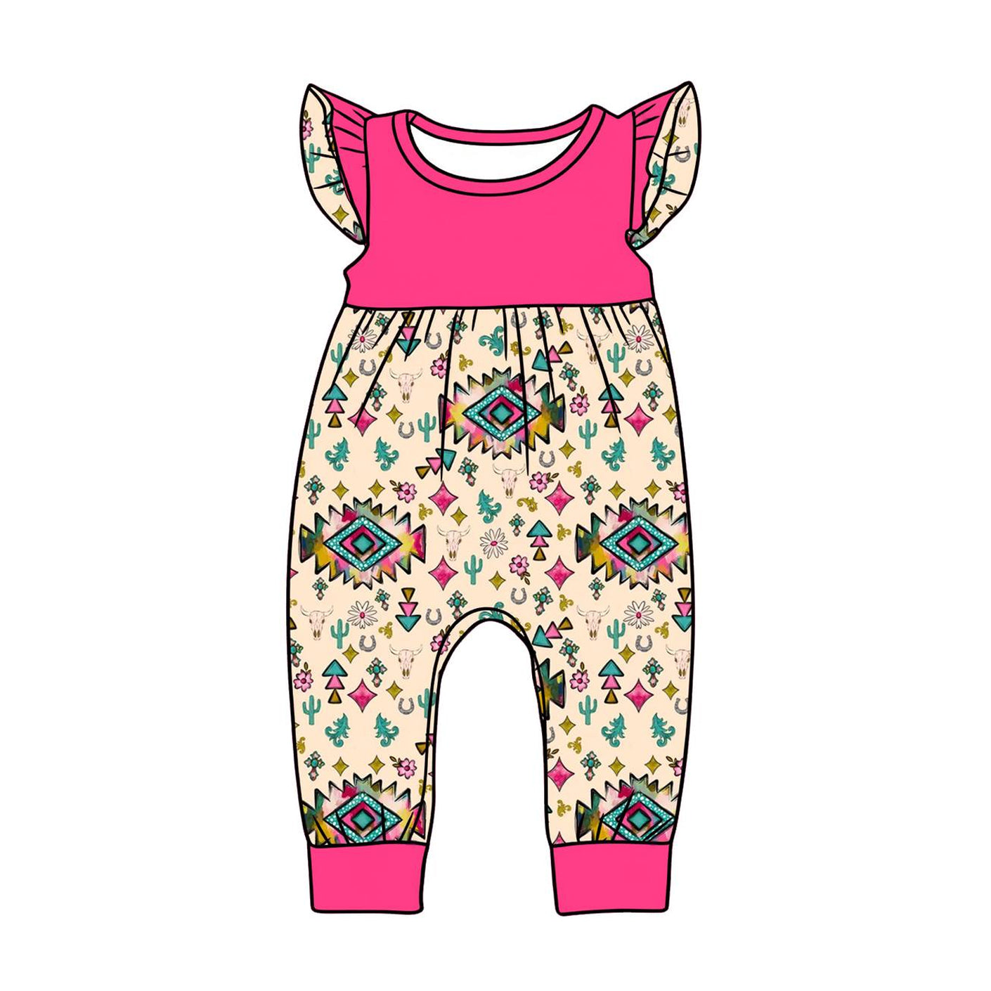 preorder SR3782 Western Aztec Hot Pink Flutter Sleeve Girls Romper