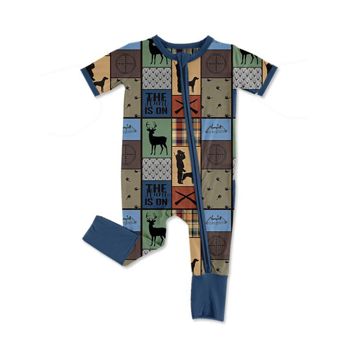 preorder SR3815 The Hunt Is On Deer Zipper Short Sleeve Boys Romper