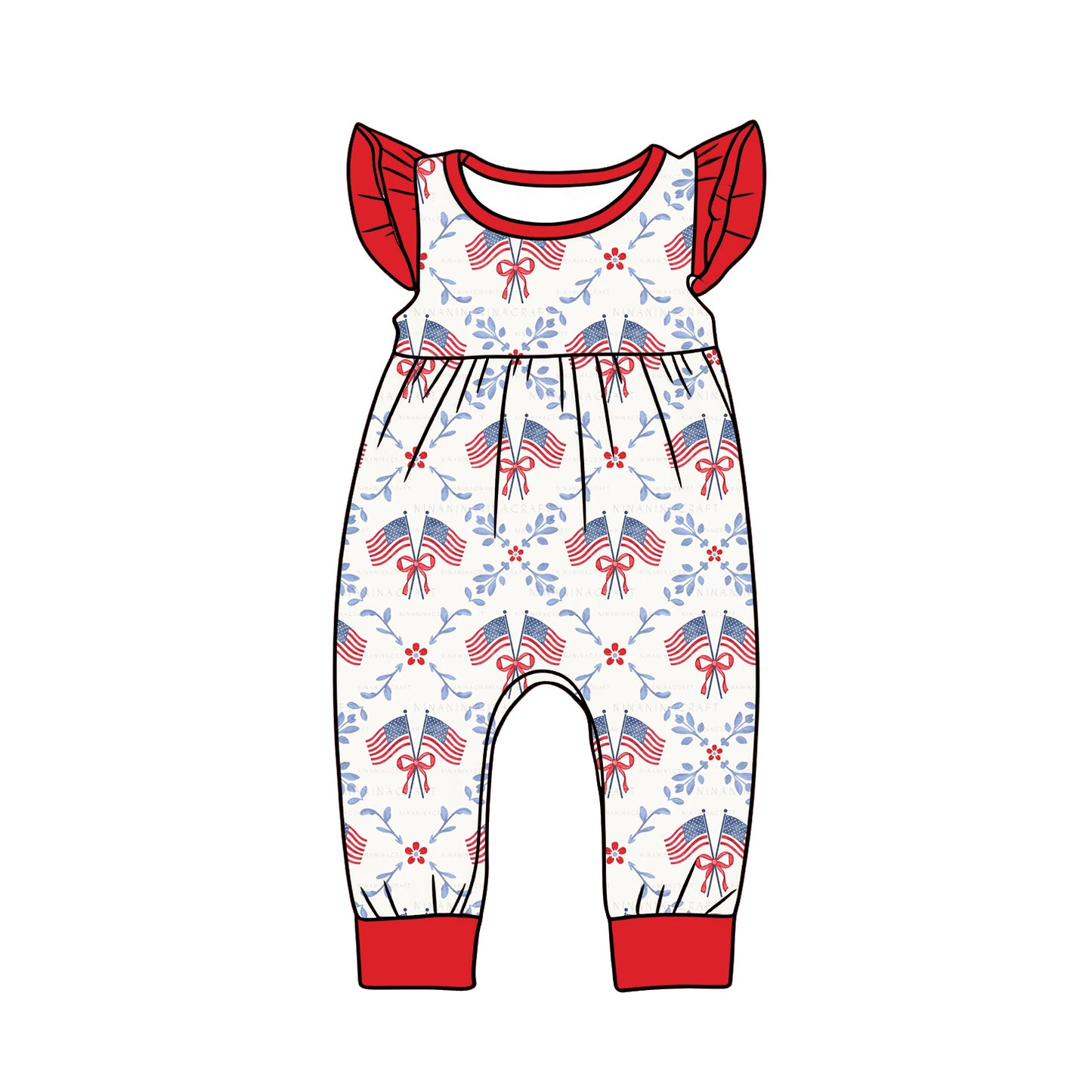 preorder SR3841 July 4th Flag Flutter Sleeve Girls Romper