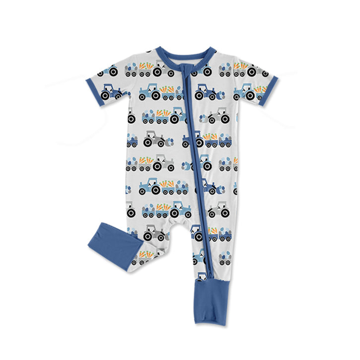 preorder SR3856 Easter Carrot Egg Tractor Short Sleeve Zipper Boys Romper