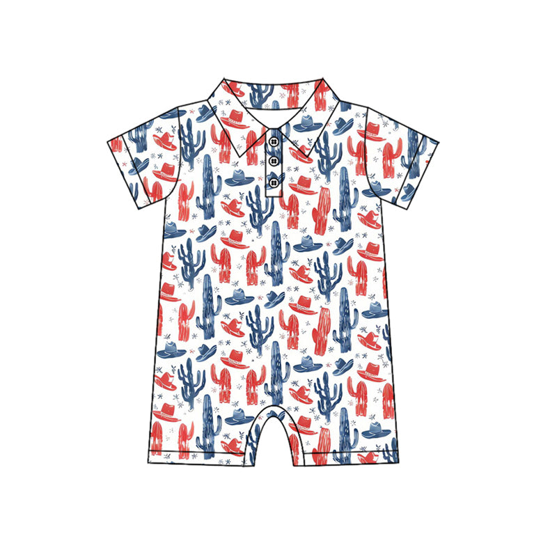 preorder SR3858 July 4th Cactus Hat Red Blue Short Sleeve Boys Romper