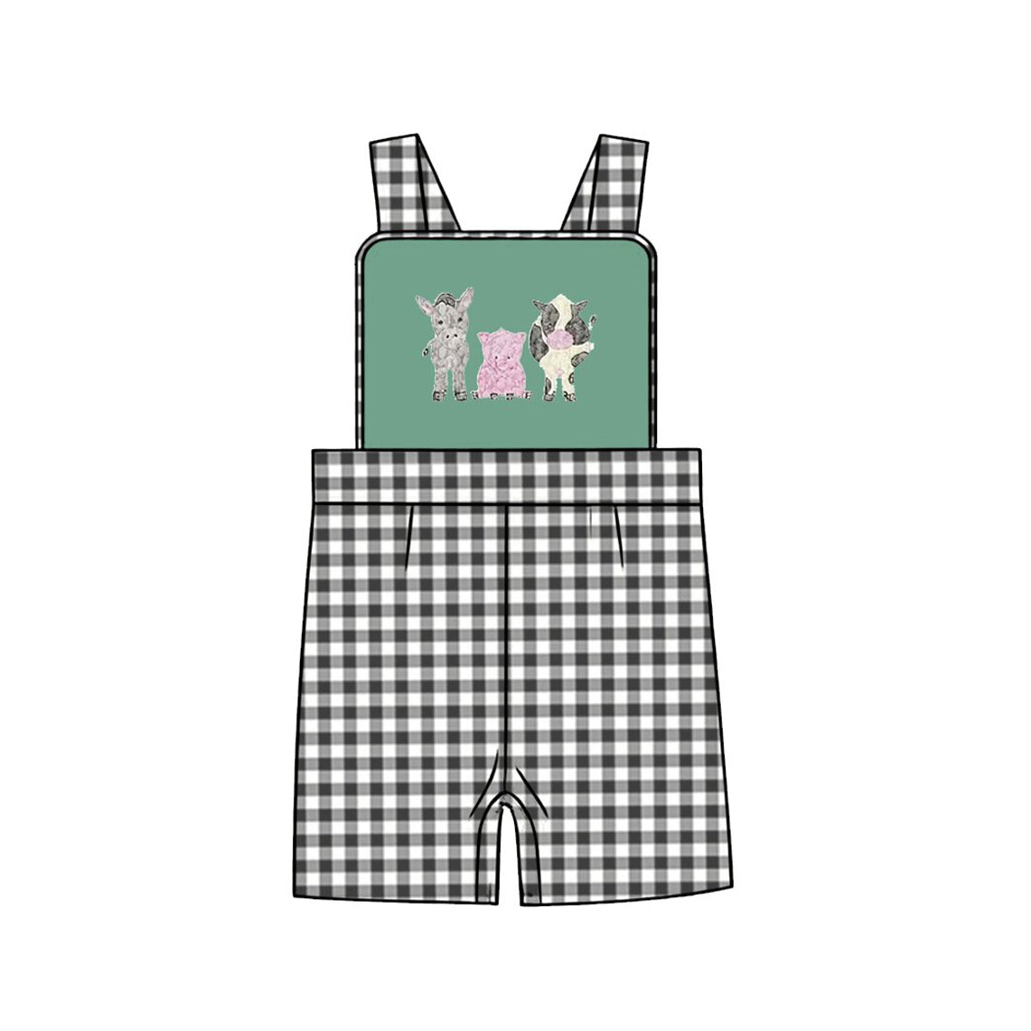 preorder SR3867 Farm Horse Pig Cow Green Checkered Boys Romper
