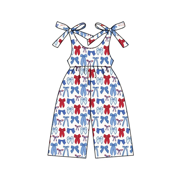 preorder SR3876 July 4th Red Blue Bows Girls Jumpsuits