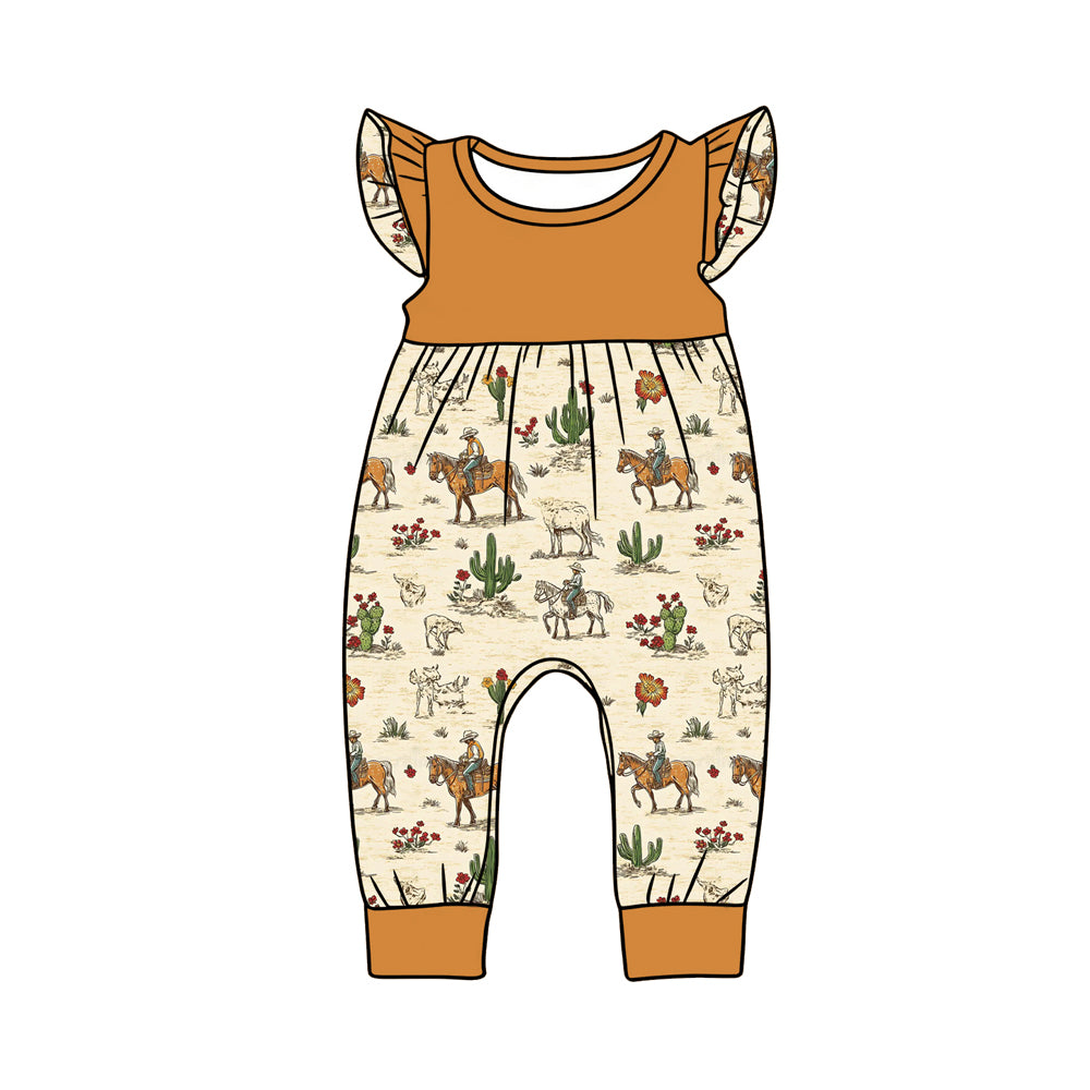 preorder SR3921 Western Cactus Rodeo Flutter Sleeve Girls Romper