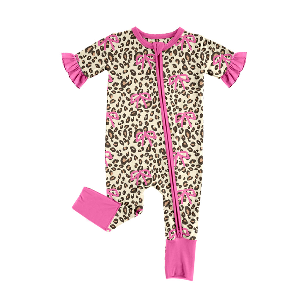 preorder SR3932 Hot Pink Bows Leopard Zipper Short Sleeve Girls Romper
