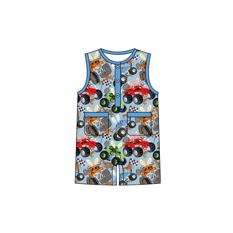 preorder SR3954 Easter Car Blue Sleeveless Boys Romper