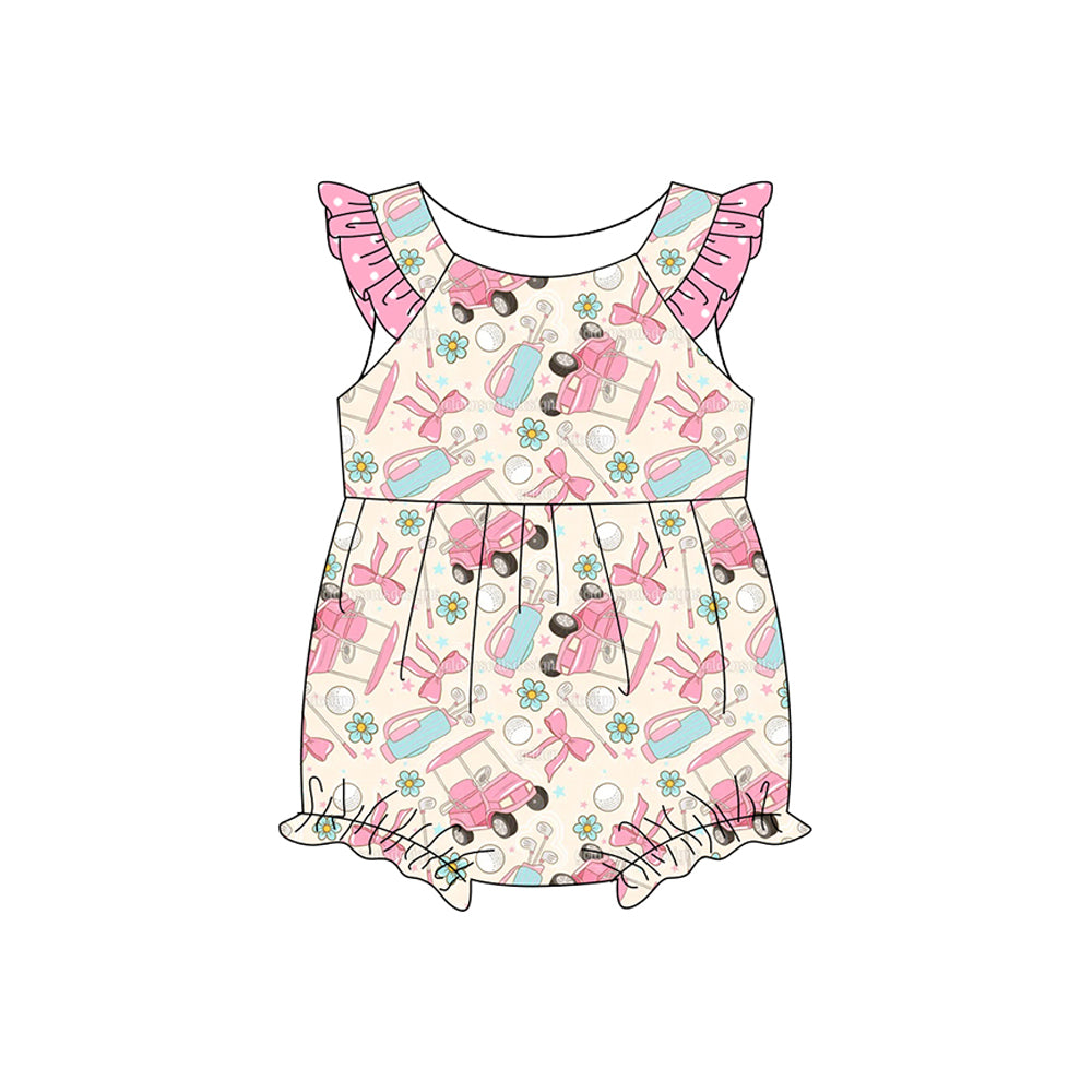 preorder SR3956 Golf Car Bows Pink Flutter Sleeve Girls Romper