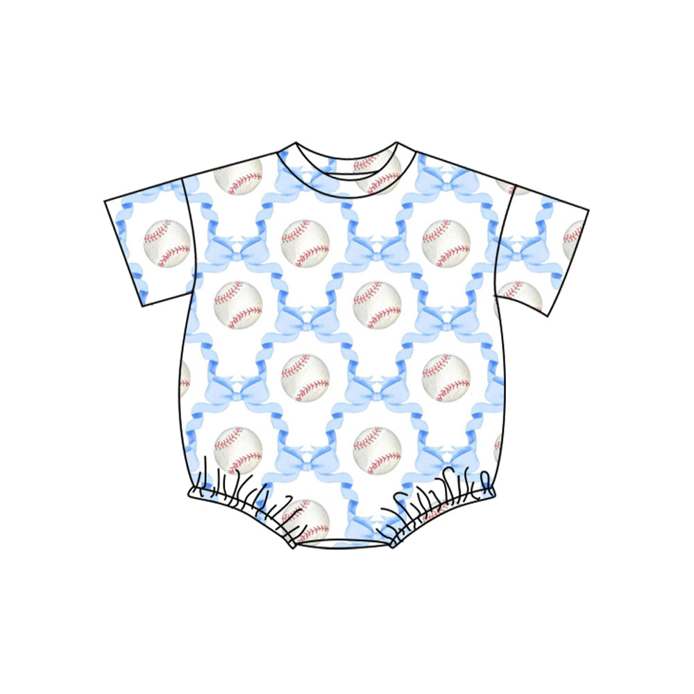 preorder SR3962 Baseball Blue Bows Short Sleeve Girls Romper