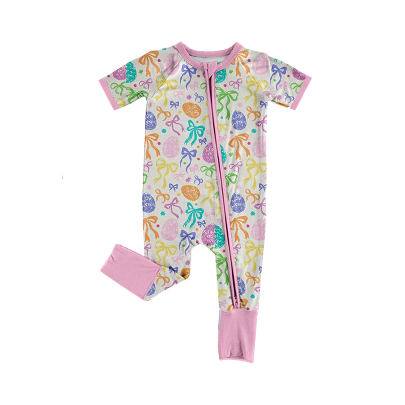 preorder SR3967 Easter Egg Bows Zipper Short Sleeve Girls Romper