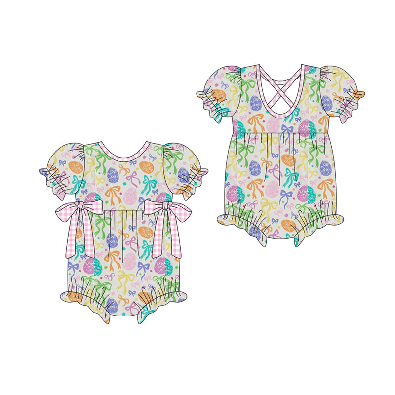 preorder SR3968 Easter Egg Bows Short Sleeve Girls Romper