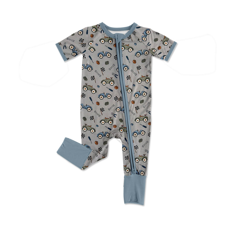 preorder SR4001 Car Grey Blue Zipper Short Sleeve Boys Romper