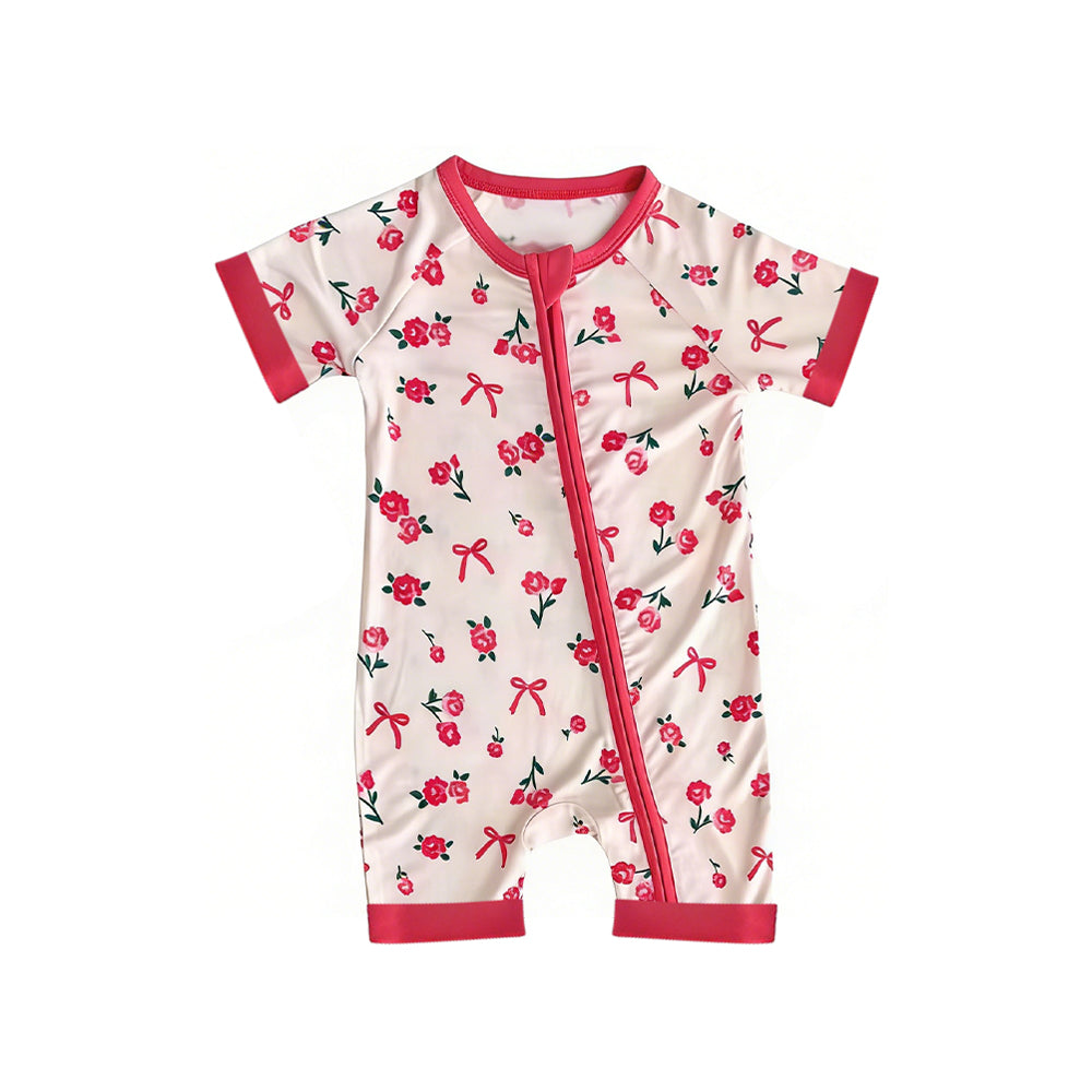 preorder SR4004 Flowers Bows Zipper Short Sleeve Girls Romper