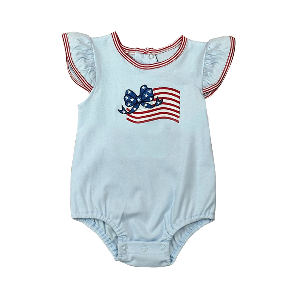 preorder SR4017 July 4th Flag Bow Blue Flutter Sleeve Girls Romper