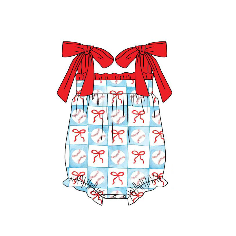 preorder SR4031 Baseball Bows Blue Girls Romper