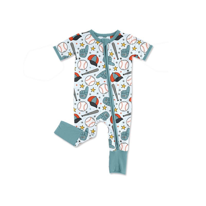 preorder SR4035 Baseball Blue Short Sleeve Zipper Boys Romper
