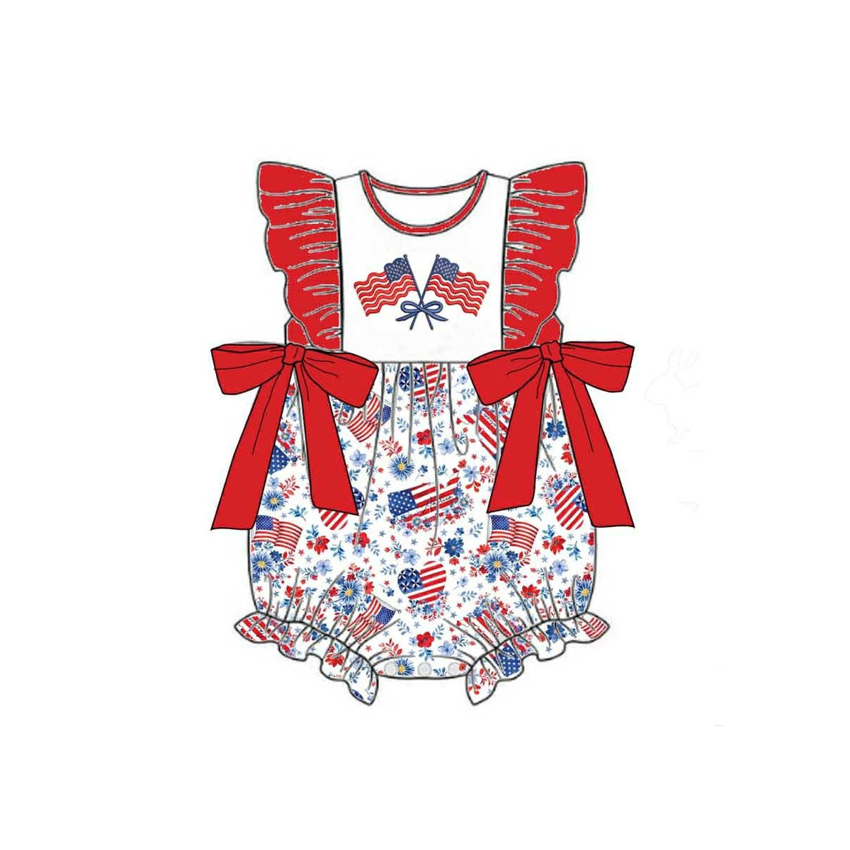 preorder SR4050 July 4th Flag Bows Flutter Sleeve Girls Romper