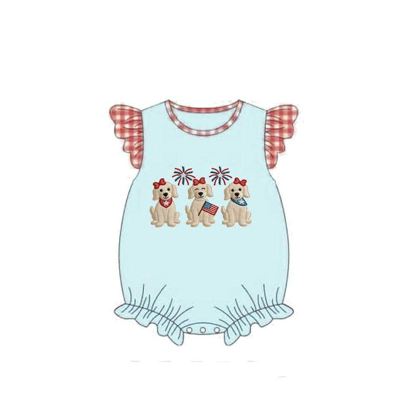 preorder SR4051 July 4th Firework Dog Blue Flutter Sleeve Girls Romper