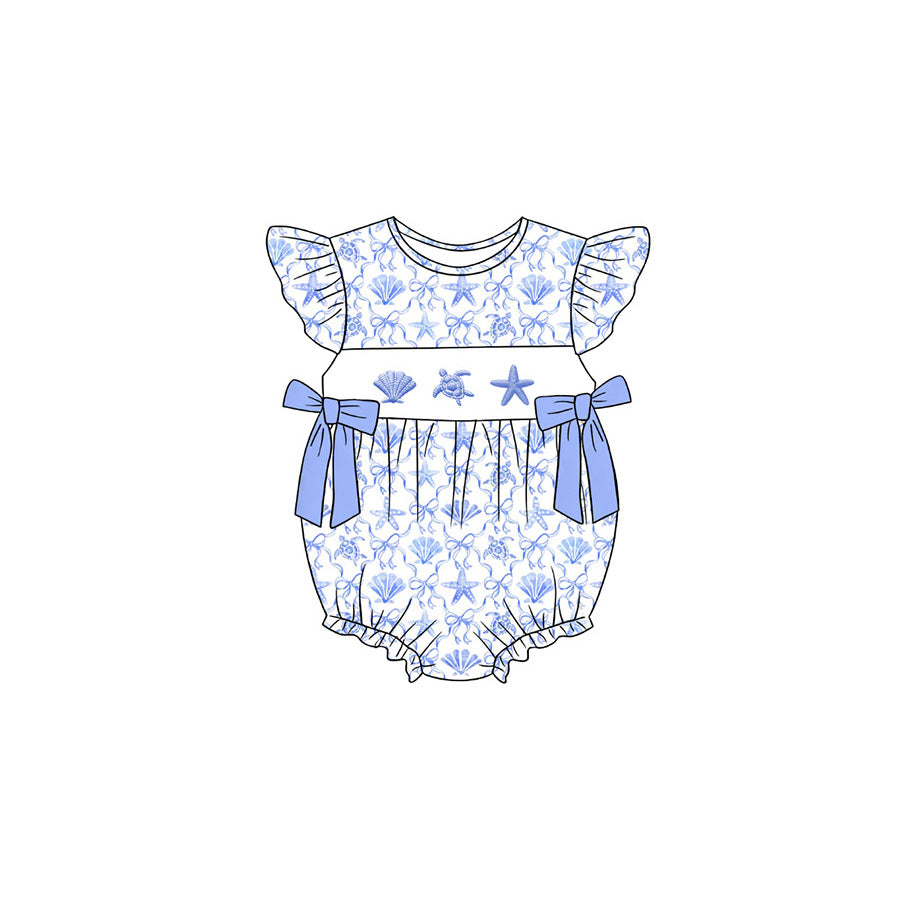 preorder SR4109 Shell Turtle Starfish Blue Flutter Sleeve Girls Romper