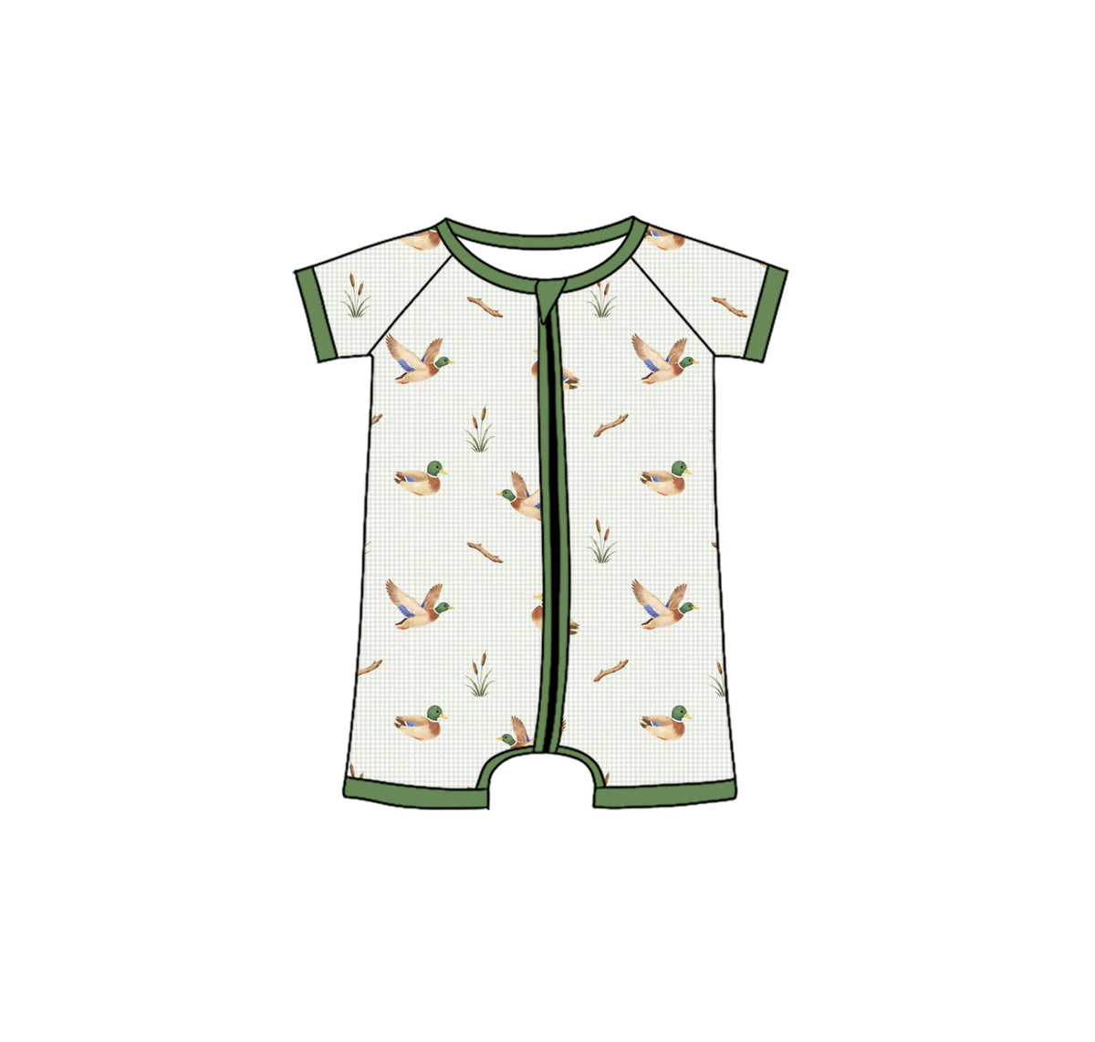 preorder SR4118 Hunting Mallard Duck Green Zipper Short Sleeve Boys Romper