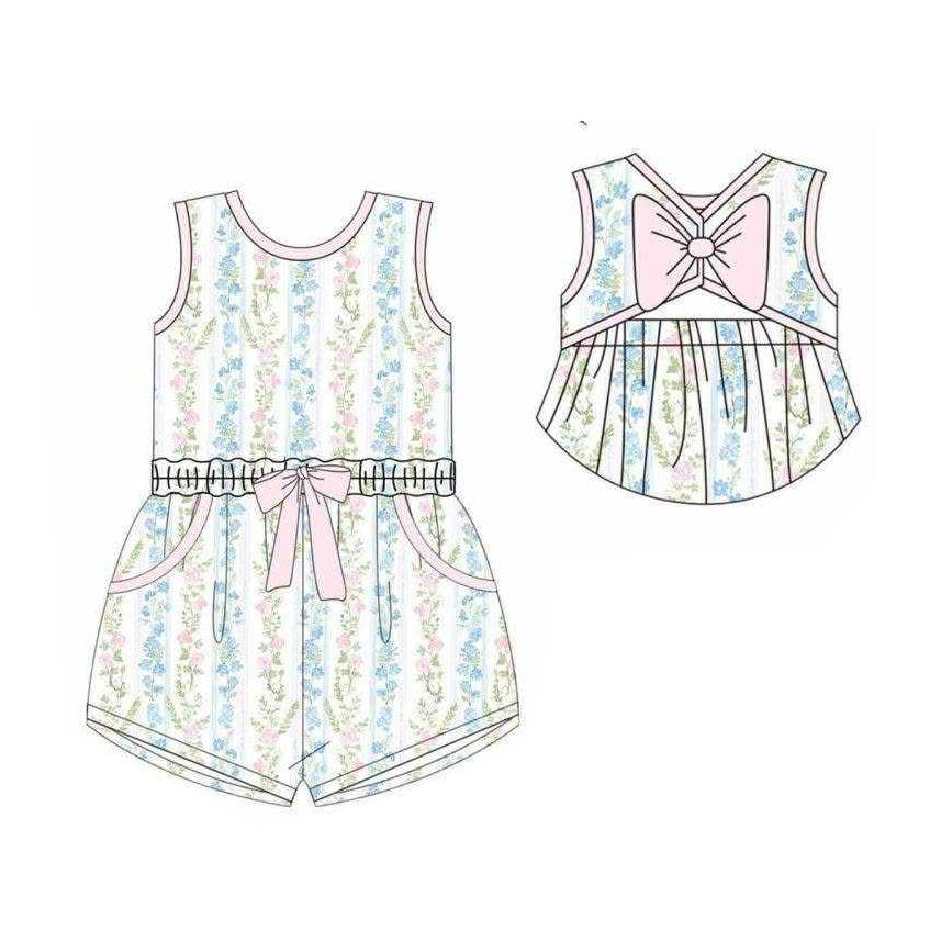 preorder SR4119 Flowers Pink Bow Sleeveless Girls Romper