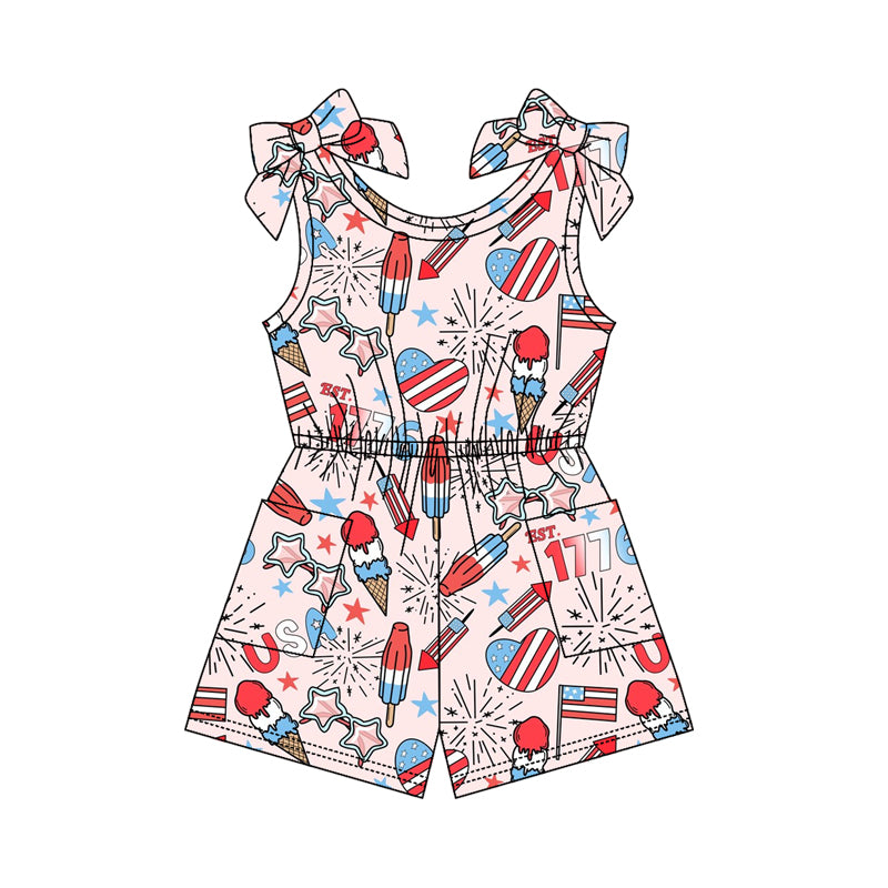 preorder SR4129 July 4th Star Fireworks Pink Short Sleeve Girls Jumpsuits
