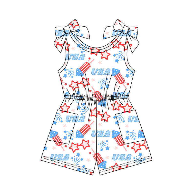 preorder SR4131 July 4th USA Flag Blue Short Sleeve Girls Jumpsuits
