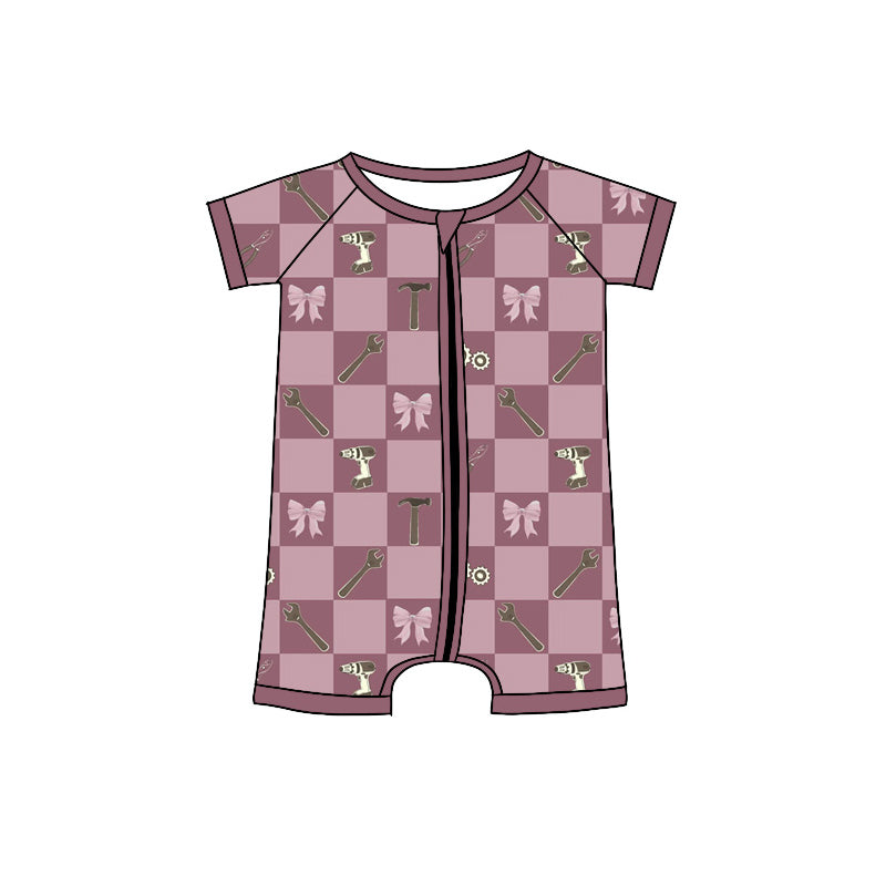 preorder SR4171 Cartoon Tools Bows Pink Zipper Short Sleeve Girls Romper