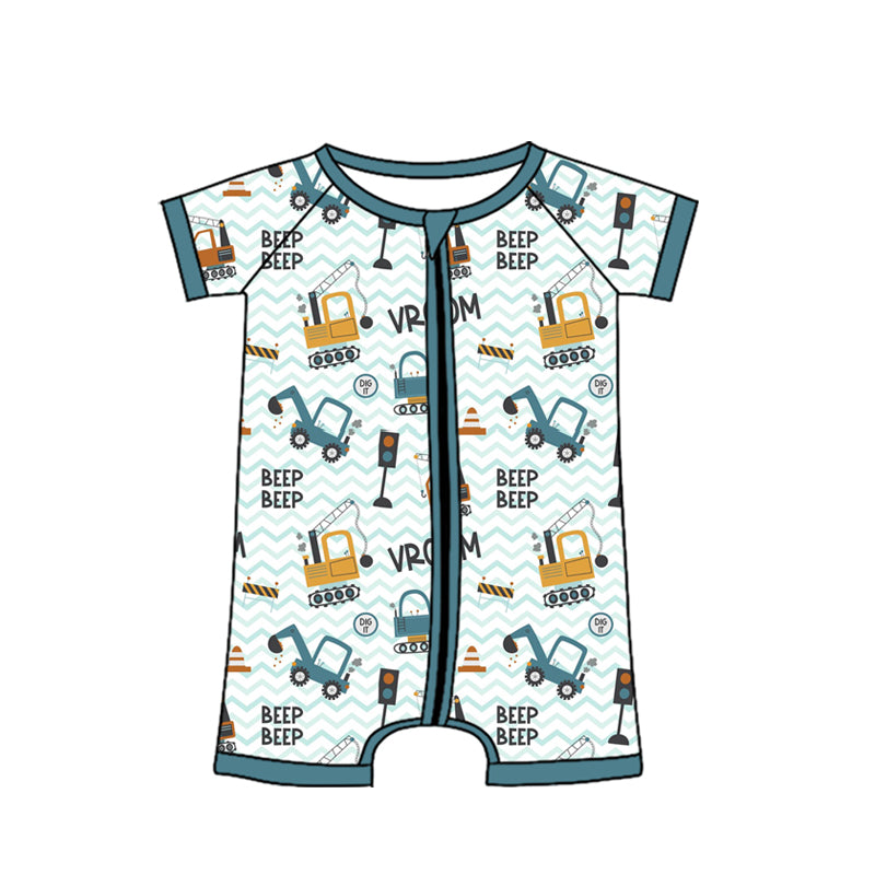 preorder SR4184 Construction Truck Zipper Short Sleeve Boys Romper