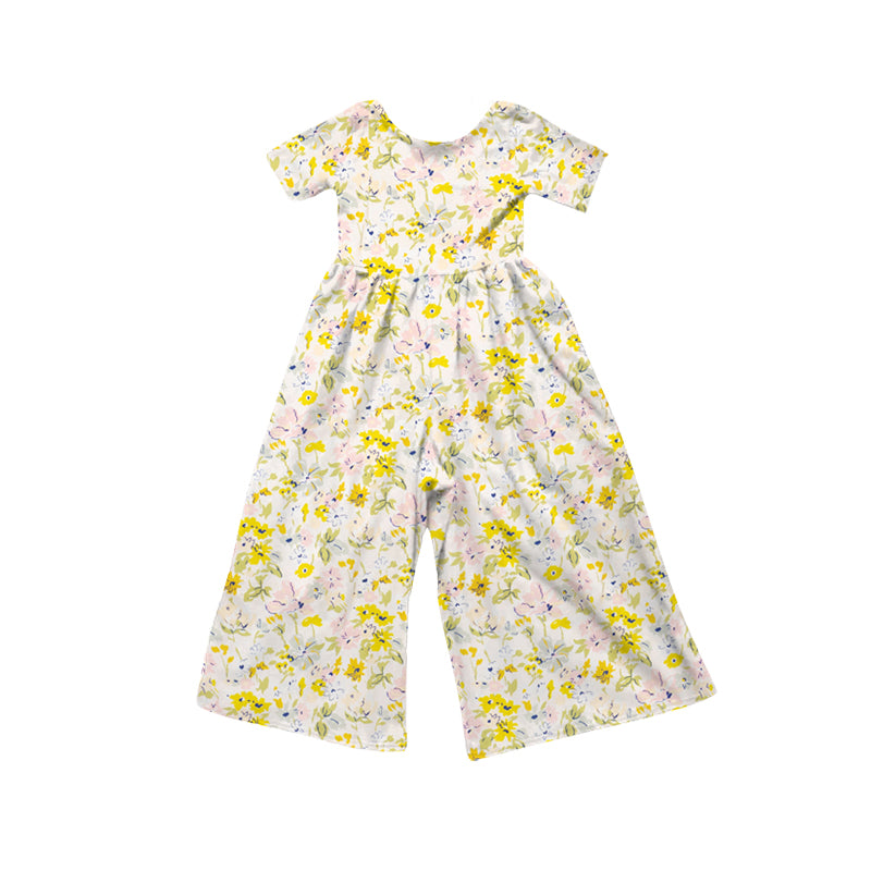 preorder SR4196 Pink Yellow Flowers Short Sleeve Girls Jumpsuits