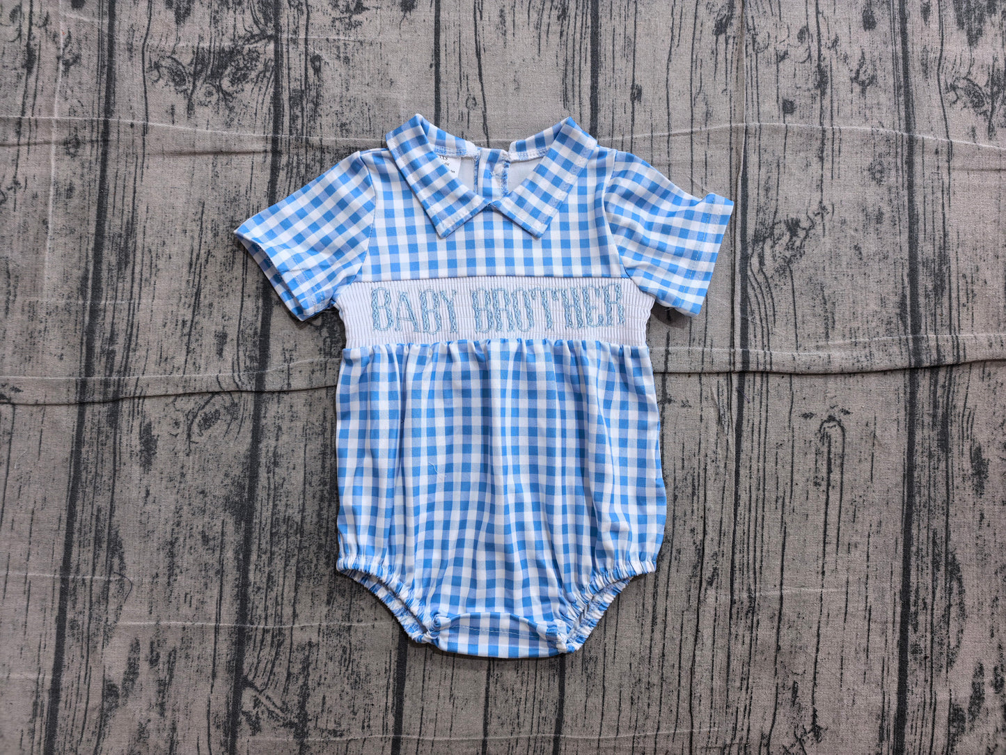 preorder Samples SR4231 Smocked Embroidery Baby Brother Checkered Short Sleeve Boys Romper
